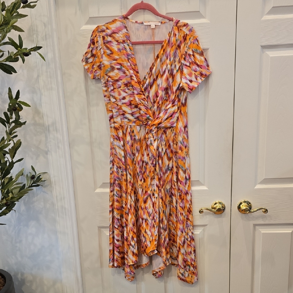 High-Low V-Neck Wrap Dress in Orange Multicolor